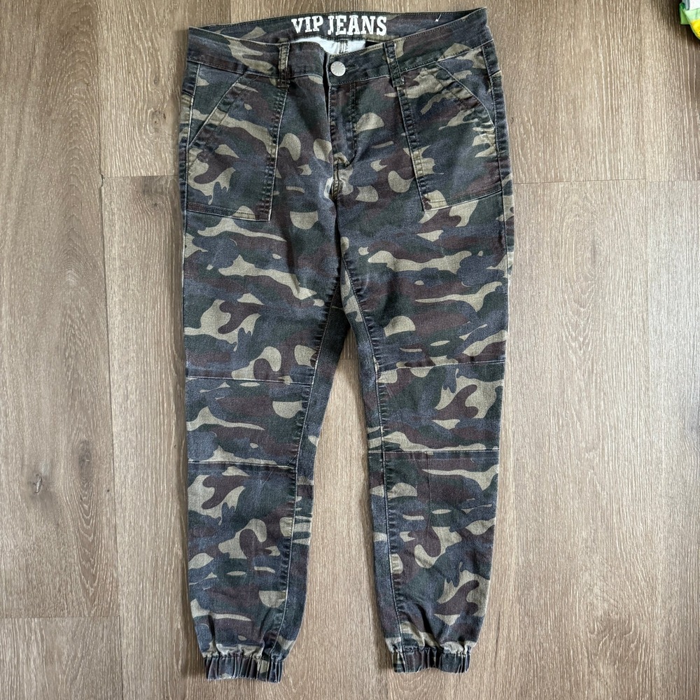 VIP Jeans Jogger Pants Women Size 13/14 Green Camo Stretch Tapered 2-9532AM